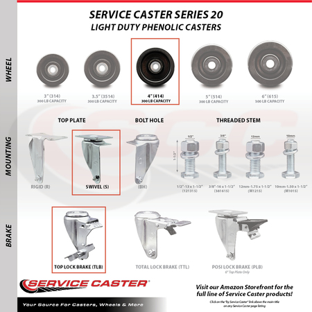 Service Caster 4 Inch Phenolic Wheel Swivel Top Plate Caster Set with 2 Brakes SCC-20S414-PHR-TP2-2-TLB-2